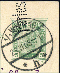 5 H-GA mit Perfin PERLES, gestempelt WIEN 16 23.6.08 nach Berlin, ...