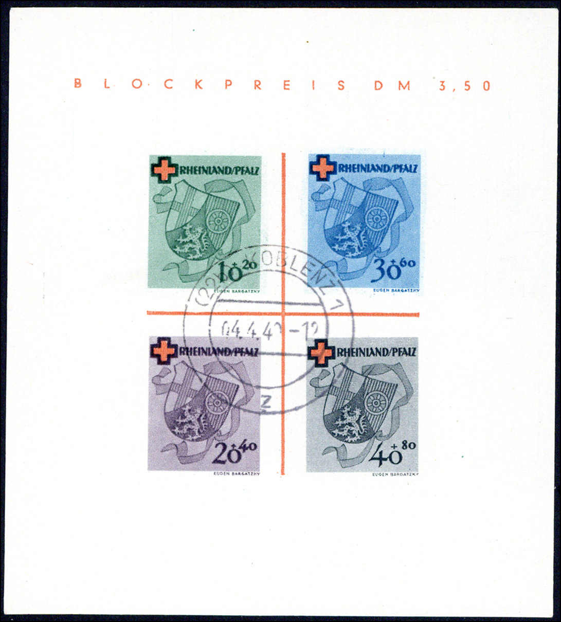 Deutsches Rotes Kreuz-Block 1949 in Type I, gestempelt KOBLENZ 04.4 ...