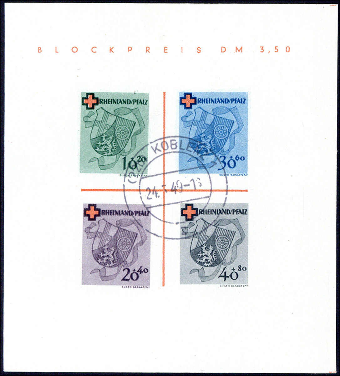 Deutsches Rotes Kreuz-Block 1949 in Type II, gestempelt KOBLENZ 24.3 ...