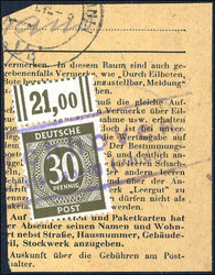 30 Pf bräunlicholiv im Walzendruck-Oberrandstück als Bestellgebühr ...