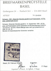 40 C grau auf Faserpapier, kleine Mängel, gestempelt ZÜRICH 10.III ...