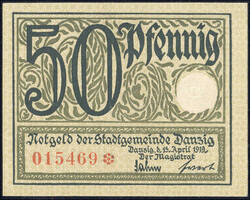 Danzig. 50 Pfennig vom 15. April 1919 mit Prägestempel, Wz. ...