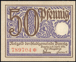 Danzig. 50 Pfennig vom 15. April 1919 mit Prägestempel, Wz. ...