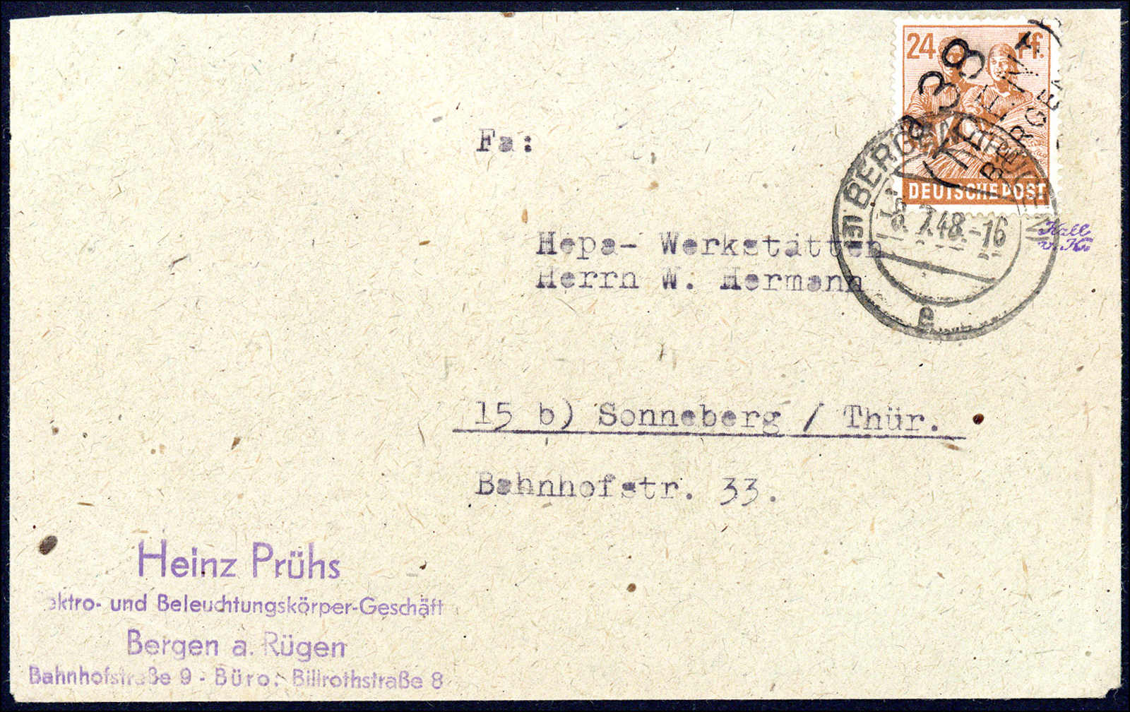 (Trent) Bergen a, Type 15. 24 Pf auf Bedarfsbrief mit Stempel BERGEN ...