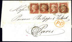 1 P im waagerechten Viererstreifen auf Brief nach Paris sowie auf ...