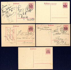 6 gebrauchte GA mit Zusatzfrankatur, dabei P 3 mit privatem Zudruck ...