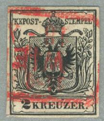 1850, 2 kr, tiefschwarz, MP, Type III, mit rotem Teilstempel von WIEN ...
