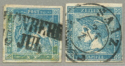 1851, 2x blauer Merkur, beide Type Ia, gest. Schönberg und Saaz, ...