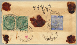 1901, reverse franked with 3AS (2x 1/2A blue-green and 2A pale-blue, ...