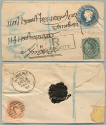 1887, East India 2AS orange reverse and 1/2A deep blue green front ...