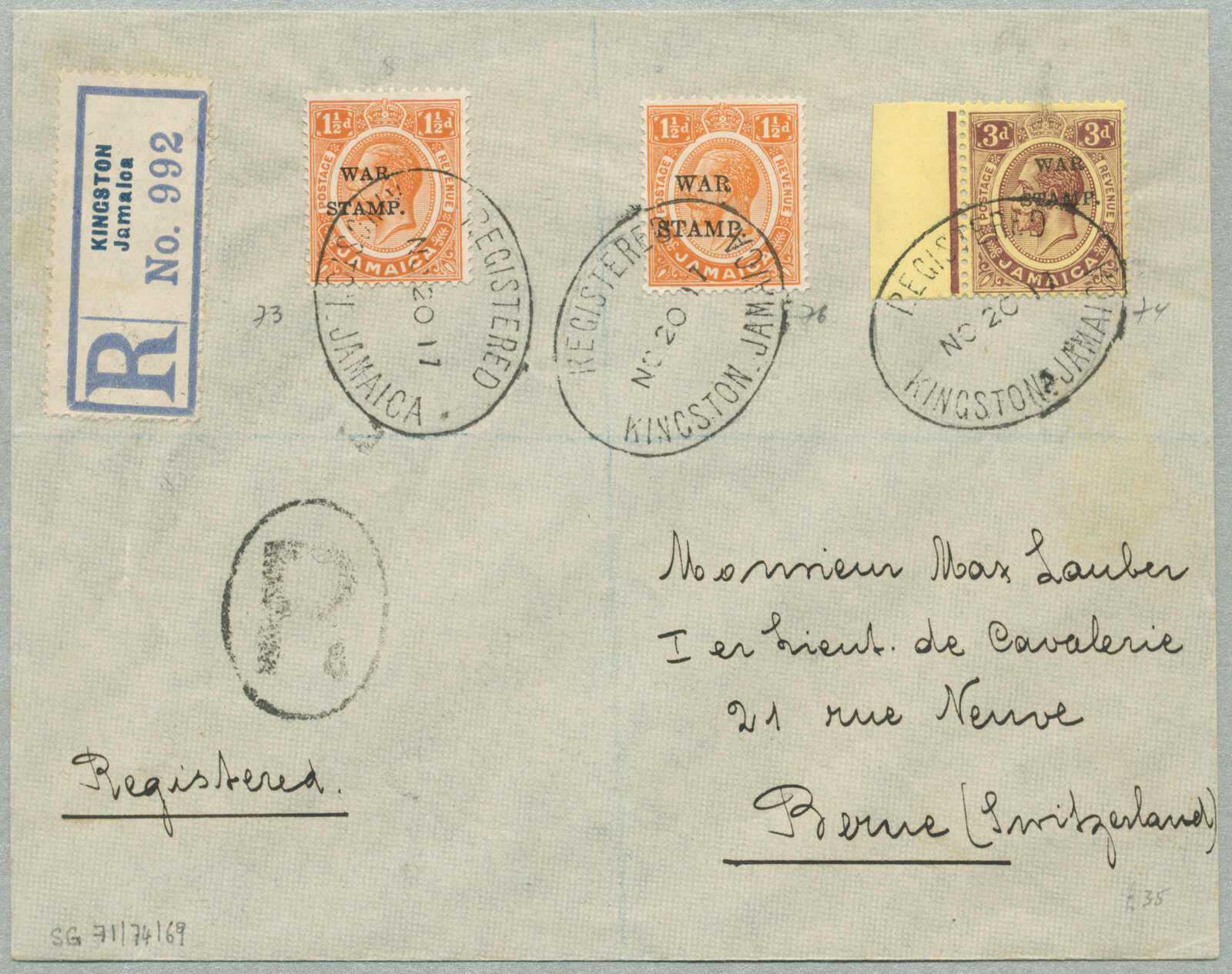 1917, From Kingston to Berne, Switzerland, registered cover franked ...