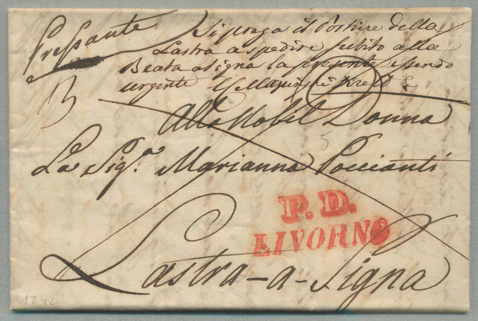 1842, with neatly strike of P.P. Livorno, on folded letter, ex ...