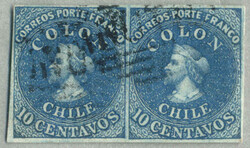 1854, 10 c, sky blue, Santiago printing, pair, used, very fresh and ...
