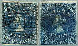 1854, 10c (2), light dull blue, imperf, Santiago Prints, touched to ...
