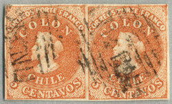 1858, 5 c, orange red, Santiago printing, pair, used, very fresh and ...