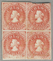 1856-62, 5c., block of four, rose red, imperf. white paper, SANTIAGO ...