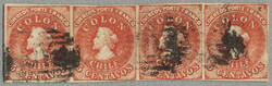1856-62, 5c., strip of four, salmon, imperforate, wmk. b, white paper ...