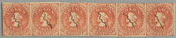 1856-62, 5c., strip of six, dull reddish brown, imperforate, wmk. b, ...