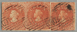 1862, 5c., strip of three, carmine-red, imperforate, wmk. b, white ...