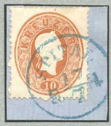 1860, 10kr, braun, auf Briefstück mit fast komplettem Blaustempel ...