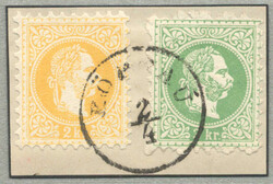 1867, 2kr, yellow, 3kr, green, on piece, cancelled ZÖPTAU/2/4, Klein ...