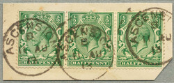 1913, stamps of GB used in Ascension, 1/2d (strip of 3) of KGVII, on ...