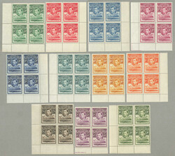 1938, 1/2d. - 10s., full set of (10), blocks of 4, all with corner ...