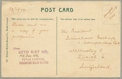 1922, 6+2c on postcard form KUALA LUMPUR/SELANGOR to ...
