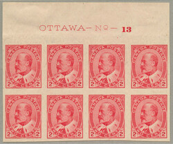 1903, 2c, carmine, imperf block of (8) from top with margins and ...
