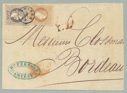 1869, 15 sld, brown and 25 sld, violett, on large part of a letter, ...