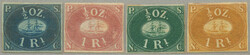 1863, 1 r., set of (4), in deep blue, red-brown, dark green and ...