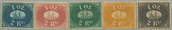 1863, 2 r., set of (5), in deep blue, red-brown, dark green, ...