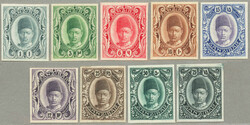 1908-9, 1c - 75c, set of (9), IMPERF. COLOUR PLATE PROOFS, cut from ...