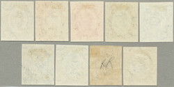 1908-9, 1c - 75c, set of (9), IMPERF. COLOUR PLATE PROOFS, cut from ...
