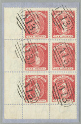 1887-89, 1d., red and rose red, block of 6, with margins, perf 14, ...