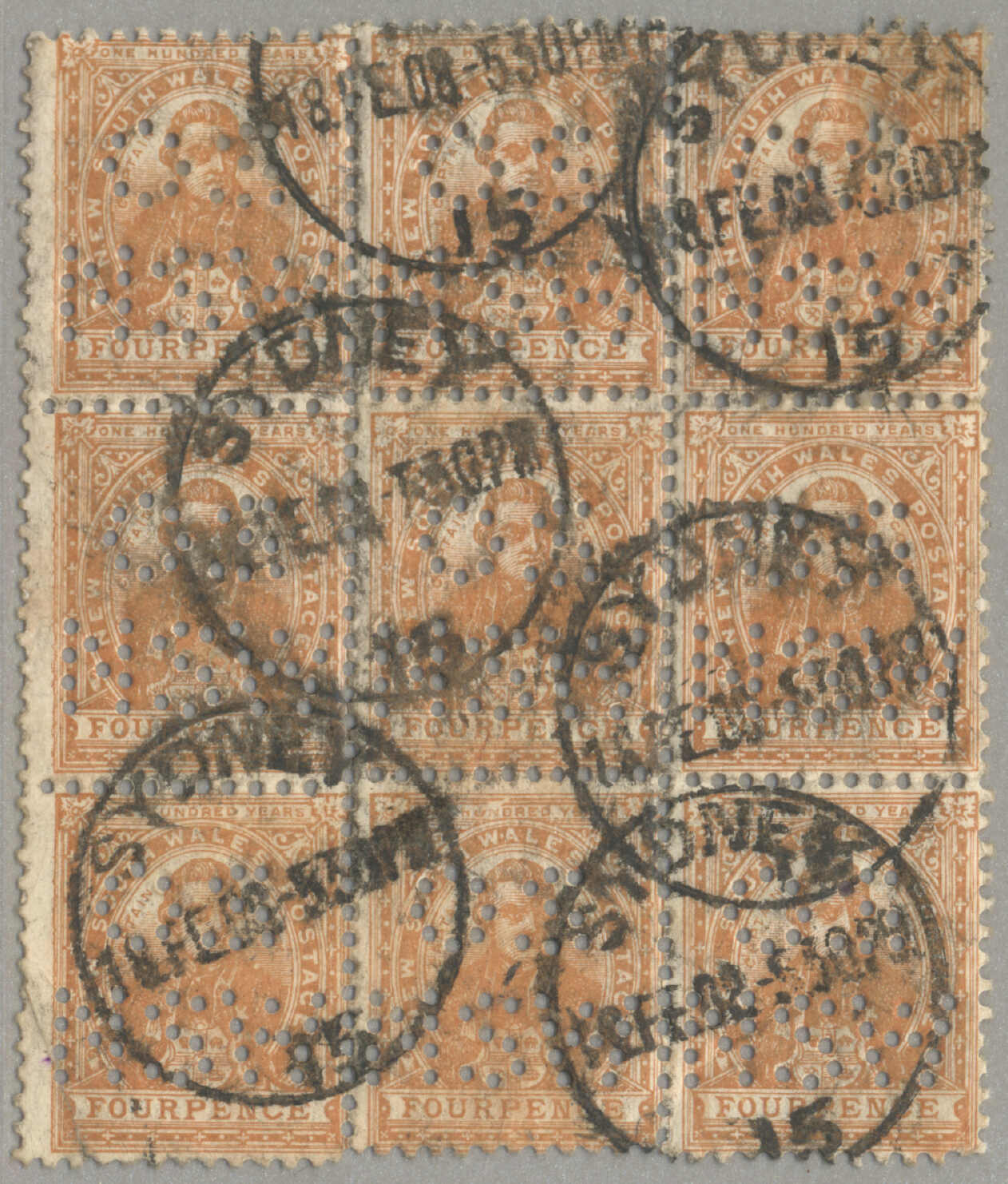 1888, block of (9), perfin, upper right stamp thinned, still ...