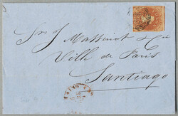 1859, 5 c, red brown, imperf, on letter from VALPARAISO to SANTIAGO, ...