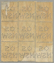 1888, block of (9), perfin, upper right stamp thinned, still ...