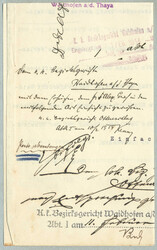 1914, Gerichtsschreiben von WAIDHOFEN AN DER THAYA nach OTTENSCHLAG, ...