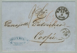 1857, Lloyd shipmail, letter from TRIEST to CORFU, taxed with 9kr, 6 ...