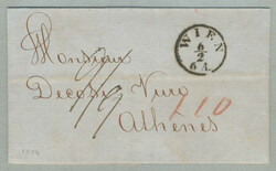 1854, Lloyd shipmail, letter from WIEN to ATHENS, taxed with 9 + 9kr, ...