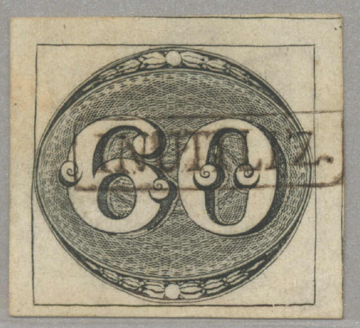 1843, 60 reis, imperf, used with crispy clear complete black INUTILIZ ...