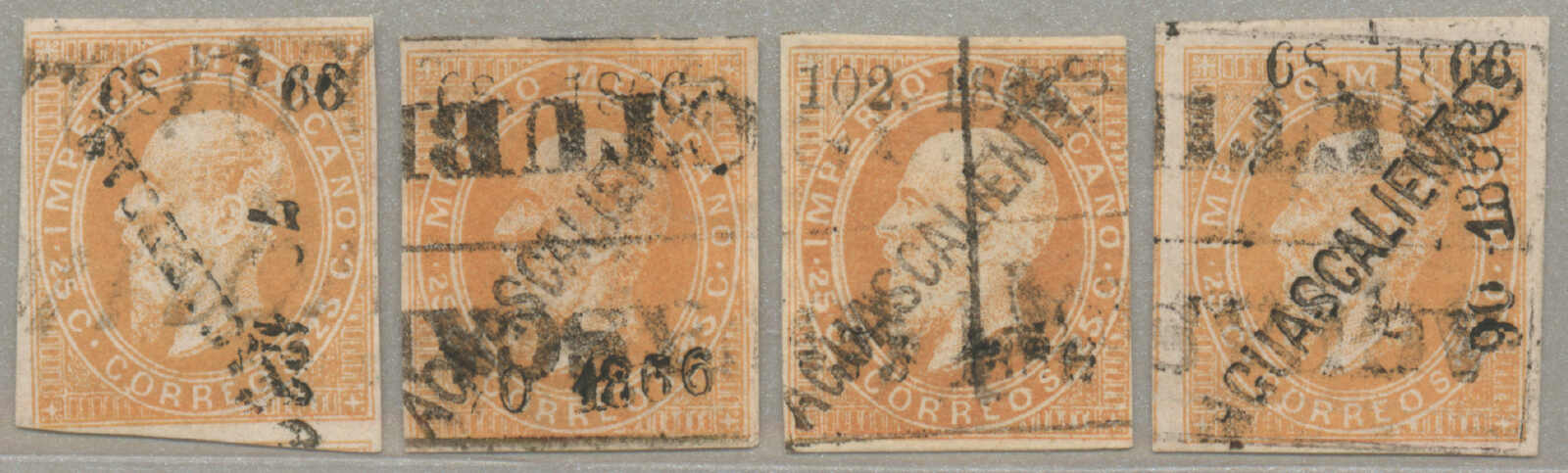 1866, Maximilian issue, lithographed, 25c (4), with district opt ...