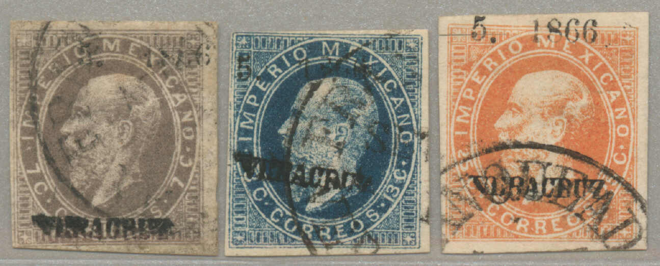 1866, Maximilian issue, lithographed, 7c, 13c and 25c, with district ...