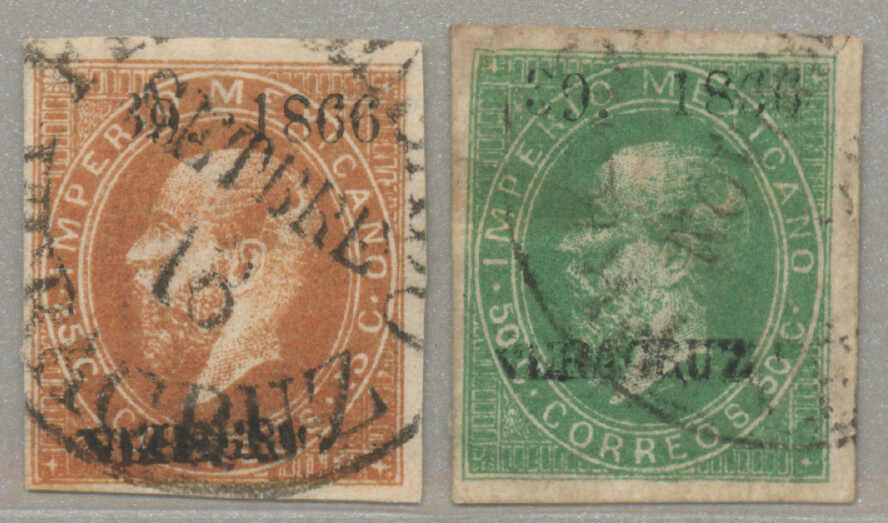 1866, Maximilian issue, lithographed, 25c and 50c, with district opt ...