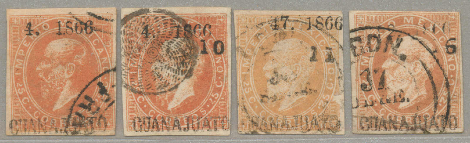 1866, Maximilian issue, lithographed, 25c (4), with district opt ...