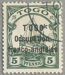 1915, 5 Pf, with black overprint TOGO/OCCUPATION/FRANCO-ANGLAIS, very ...