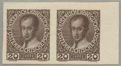 1908, 20h, darkbrown, horizontal pair, colour proof, imperforated, ...