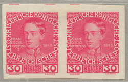 1908, 30h, pink, horizontal pair, colour proof, imperforated, without ...
