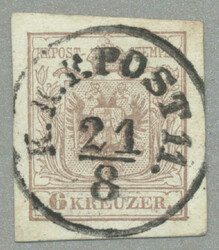 1850, 6 kr, brown, MP, Type III, perfect upright cancel K.K.FELDPOST ...